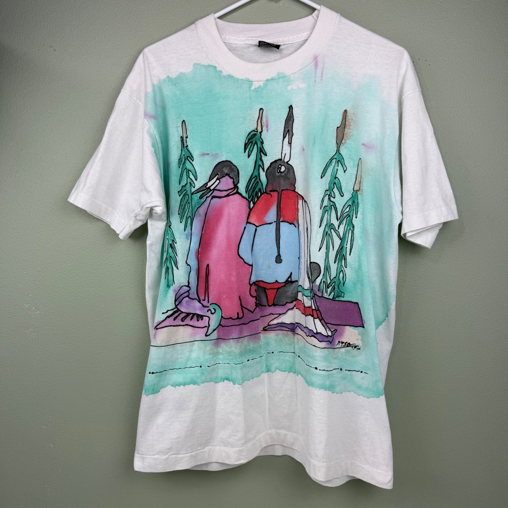 Vtg 1994 Native American Watercolor Art T-Shirt Men LG White Single Stitch‎ USA